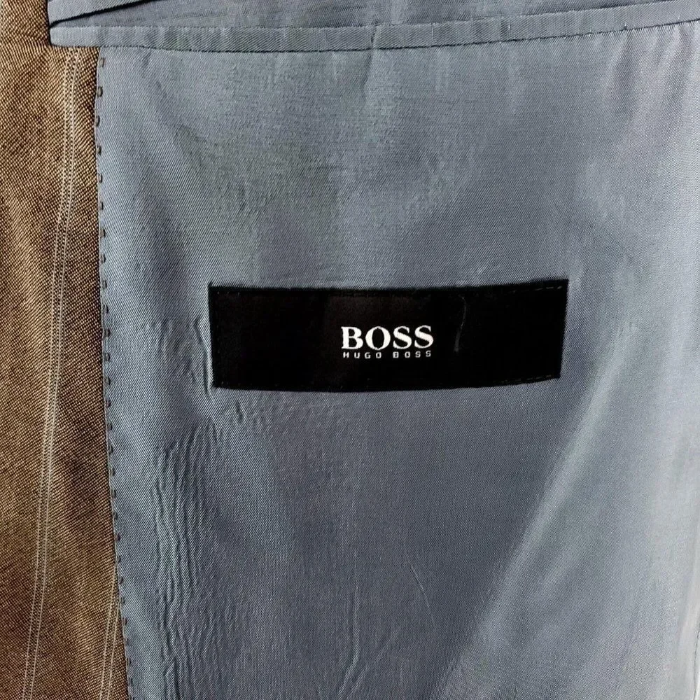 Hugo Boss Rosselini Virgin Wool 3 Button Suit Jacket 42R Beige Birdseye‎ Striped
